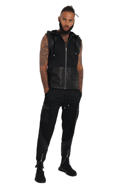 Obsidian Mens Hooded Vest with black leather details from Love Khaos