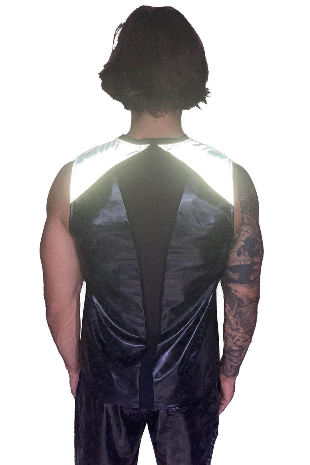 Reflective Black Camo print Muscle tee for men from Love khaos festival clothing brand