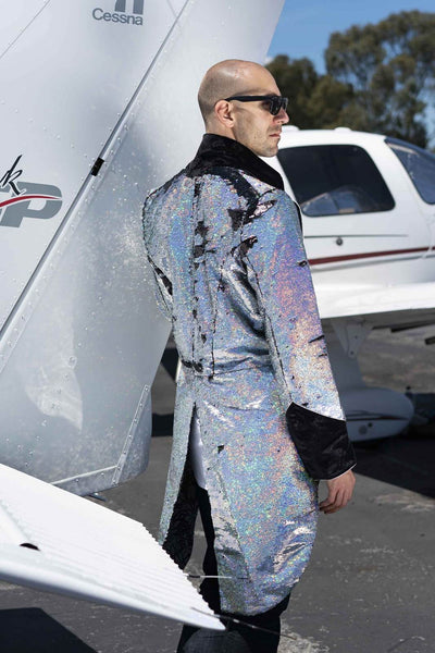 Mens Sequin tailcoat in holographic silver sequins with velvet collar and cuffs by Love Khaos festival jackets