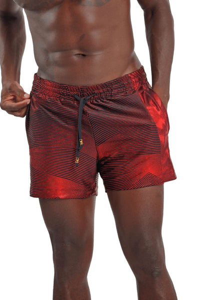 Mens lined shorts in red geometric print for festival wear from Love Khaos
