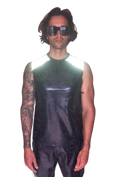 Reflective Black Camo print Muscle tee for men from Love khaos festival clothing brand