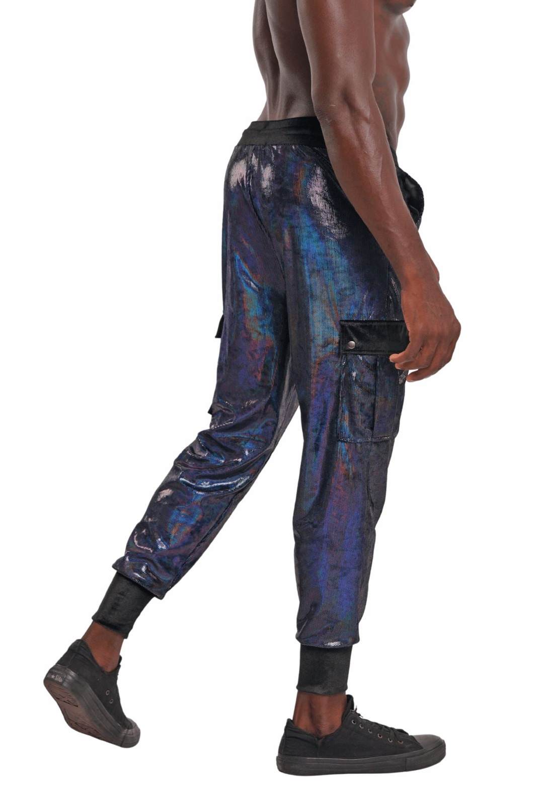 Mens skinny cargo joggers in Holographic black panther velvet from Love Khaos.