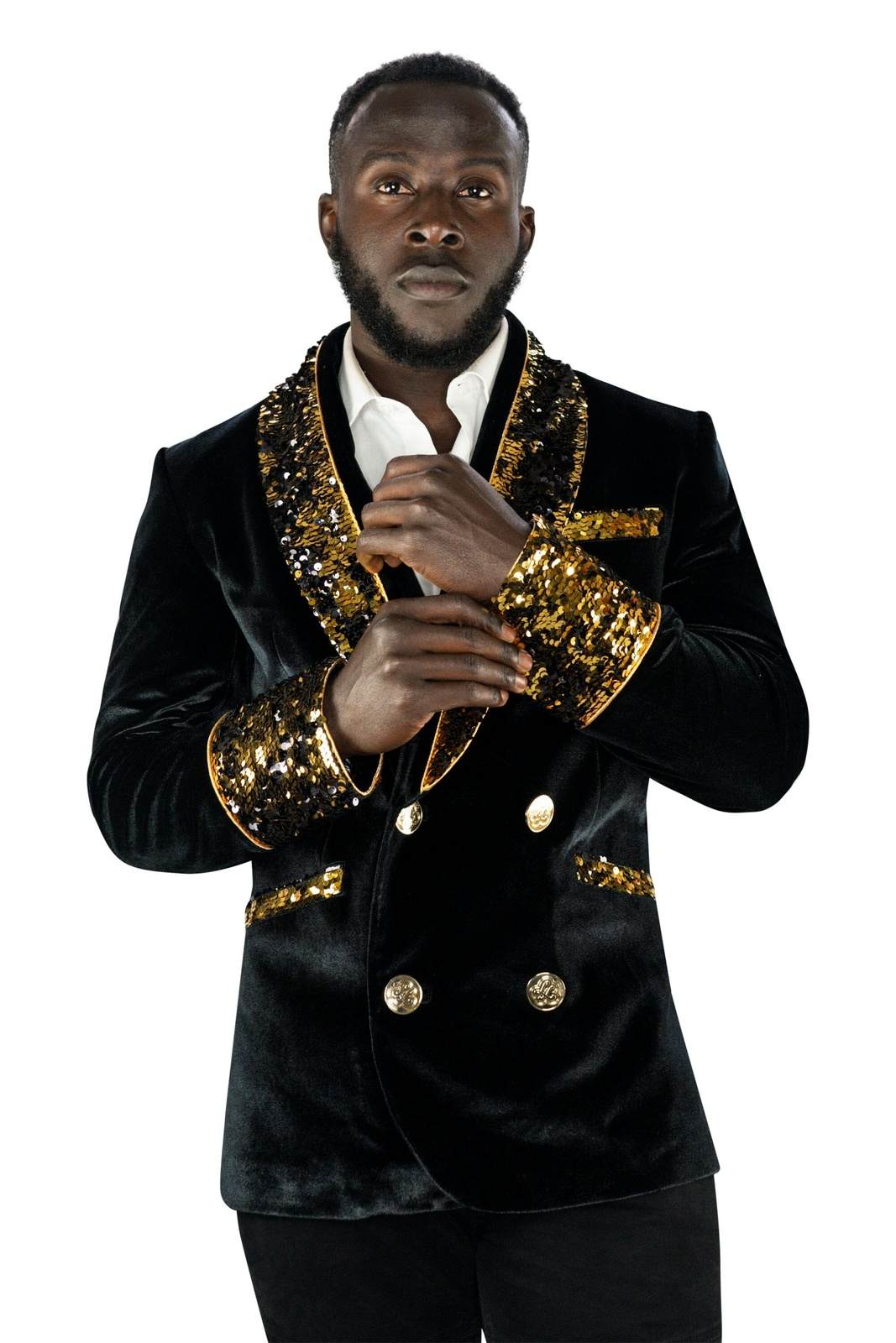 Mens Black Velvet Smoking Jacket with Gold Sequins by Love Khaos Festival Jacket brand.
