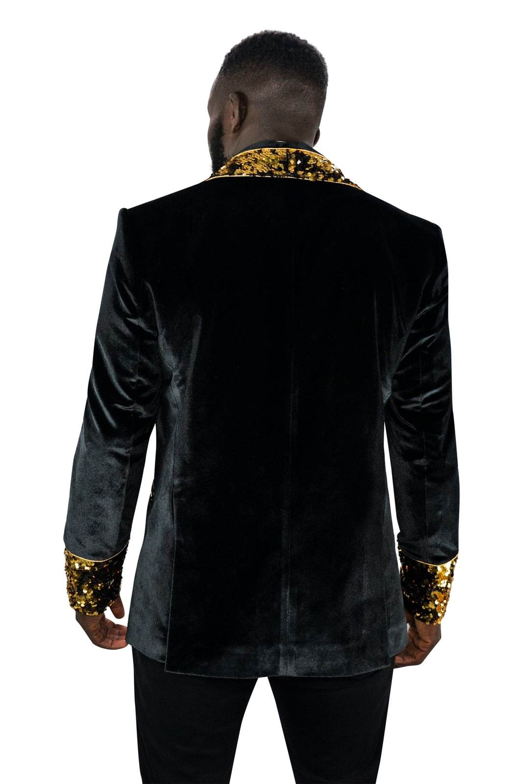 Mens Black Velvet Smoking Jacket with Gold Sequins by Love Khaos Festival Jacket brand.