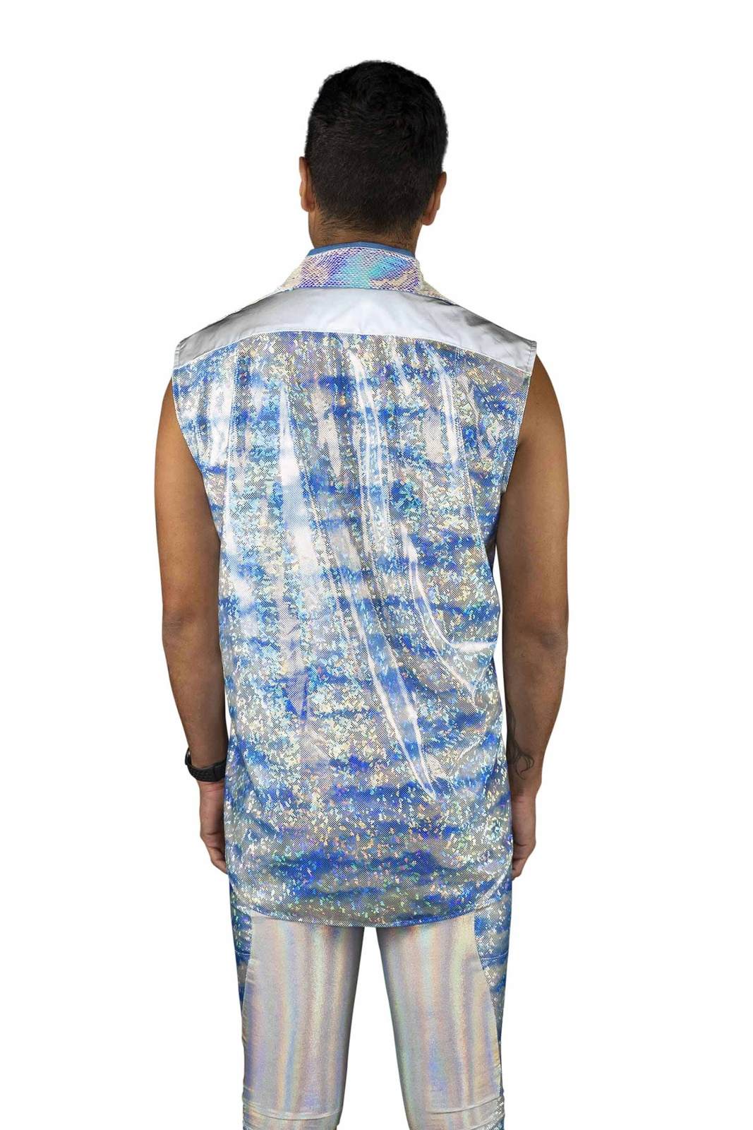Holographic Powder Blue Ruffled Tuxedo Shirt tank top from Love Khaos Festival Clothing Brand.