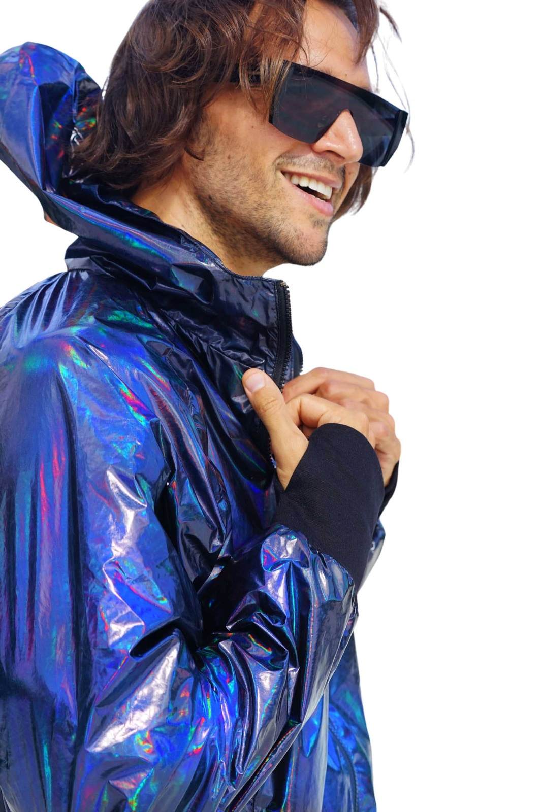 mens holographic waterproof festival jacket with thumb cuffs from Love Khaos street and rave wear brand