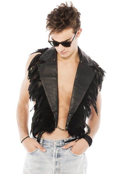 mens avant garde black Leather collar with feathers by Love Khaos