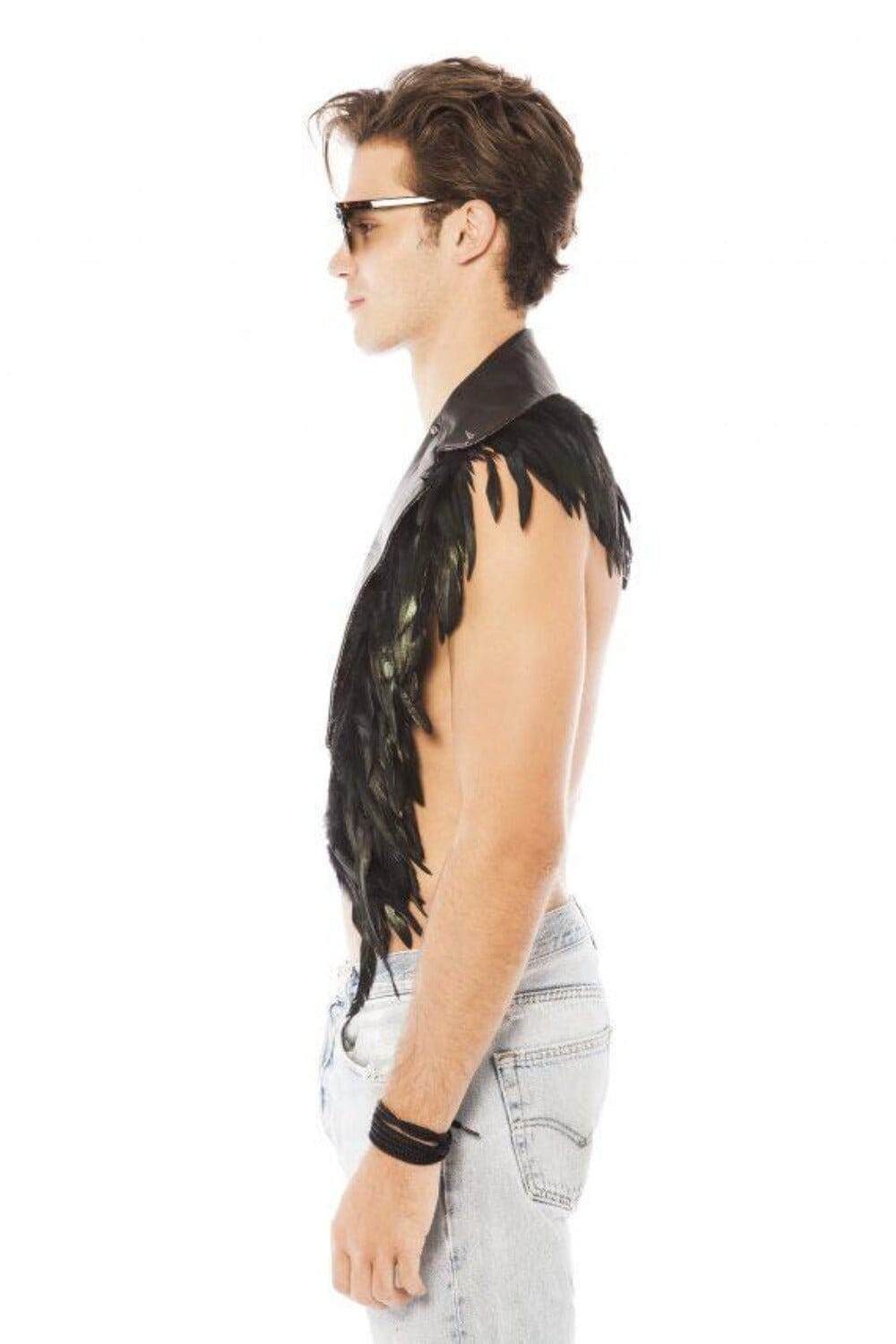 mens burning man style black leather mad max scarf with feathers by Love Khaos