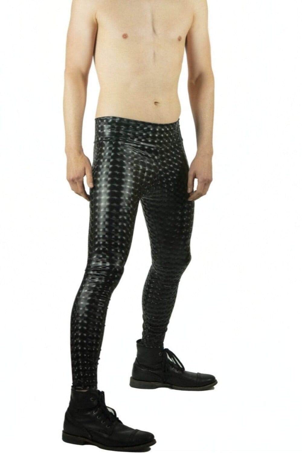 Mens Festival tights in holographic black vinyl with hidden pockets by Love Khaos