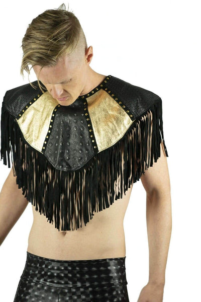 gender fluid festival fashion top with gold and black leather studs and fringe by Love Khaos