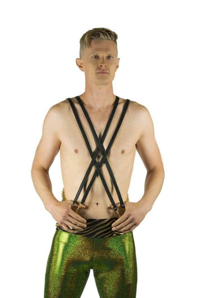 Mens black leather harness with gold body chains for Festival Wear by Love Khaos