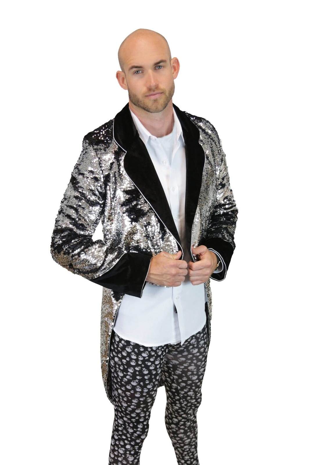 Mens Black and Silver Tuxedo Tailcoat from Love Khaos Festival Clothing brand.