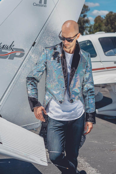 Holographic glitter tuxedo tailcoat jacket from Love Khaos mens festival clothing brand.