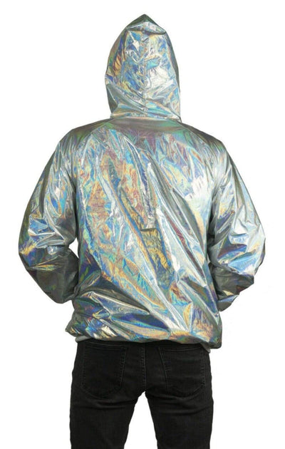 Mens Holographic Jacket, Shiny Silver Futuristic Waterproof Windbreaker by Love Khaos