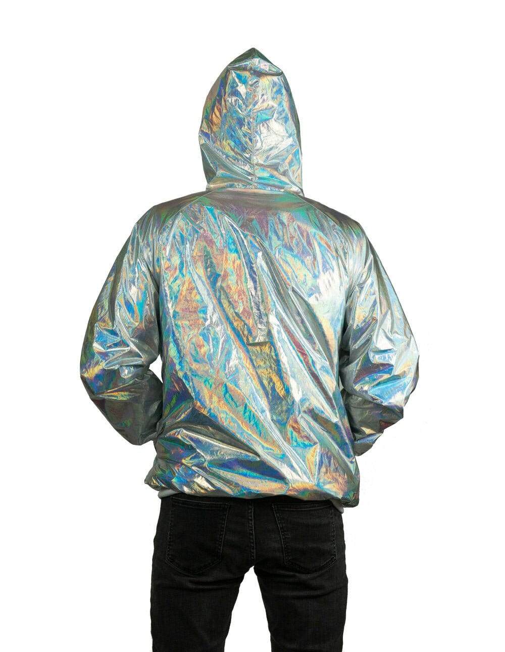 Back visual of silver holographic windbreaker with hood by Love Khaos Streetwear Fashion