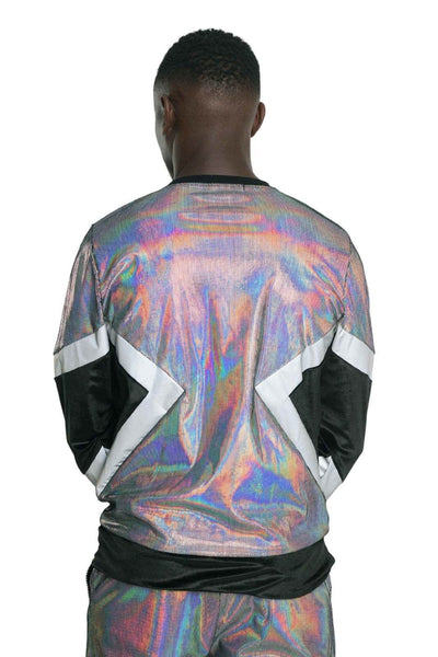 Mens Silver Holographic Pullover Festival Sweatshirt from Love Khaos.