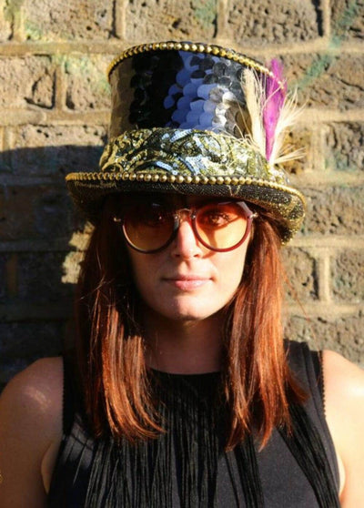 Black and gold sequin studded top hat for burning man by Love Khaos