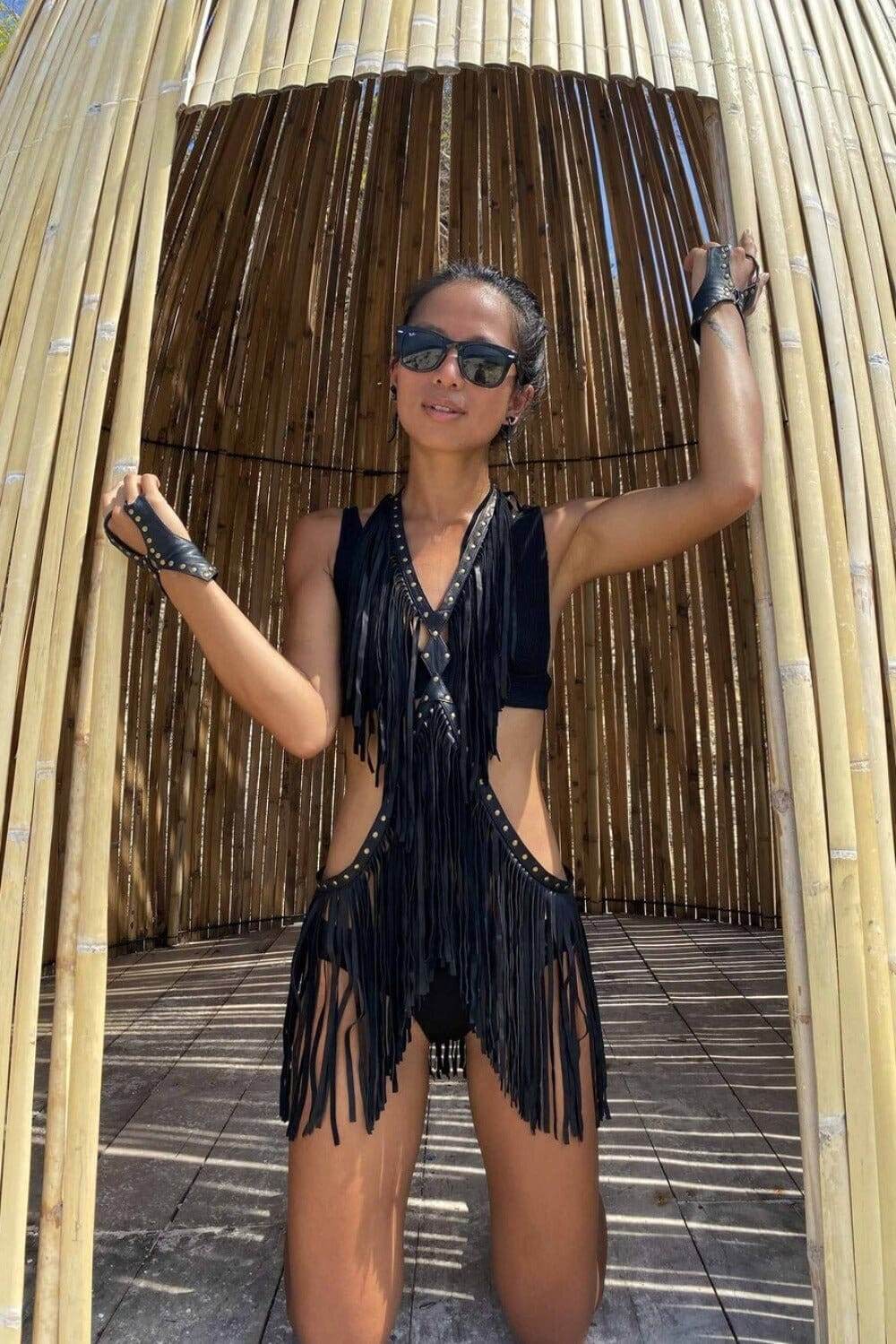 Black Leather Fringe Dress | Tassel Harness