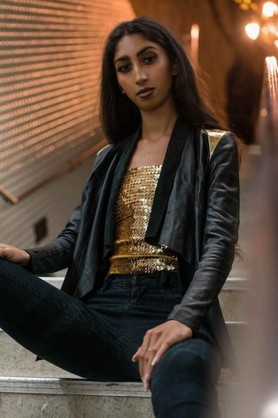 black and gold leather jacket by Love Khaos