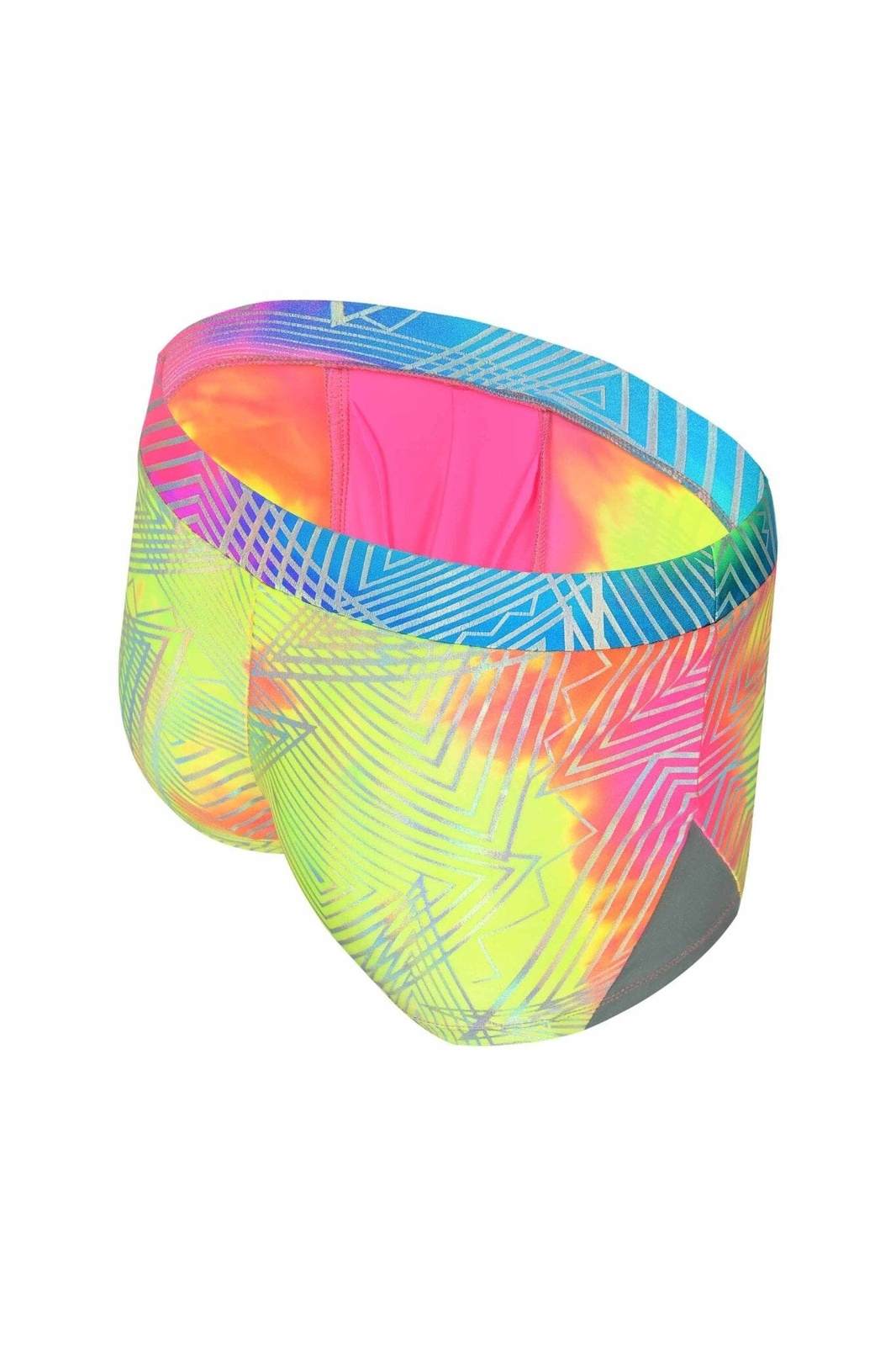 Mens Booty Shorts with a pouch in psychedelic rainbow neon tie dye spandex from Love Khaos