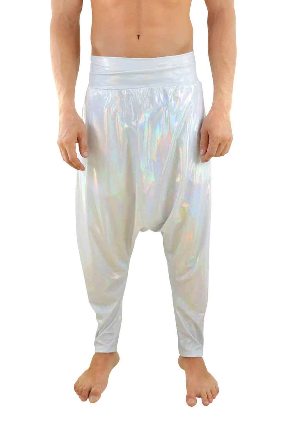 Mens rave harem pants in frosted holographic white from Love Khaos Rave Clothing Website