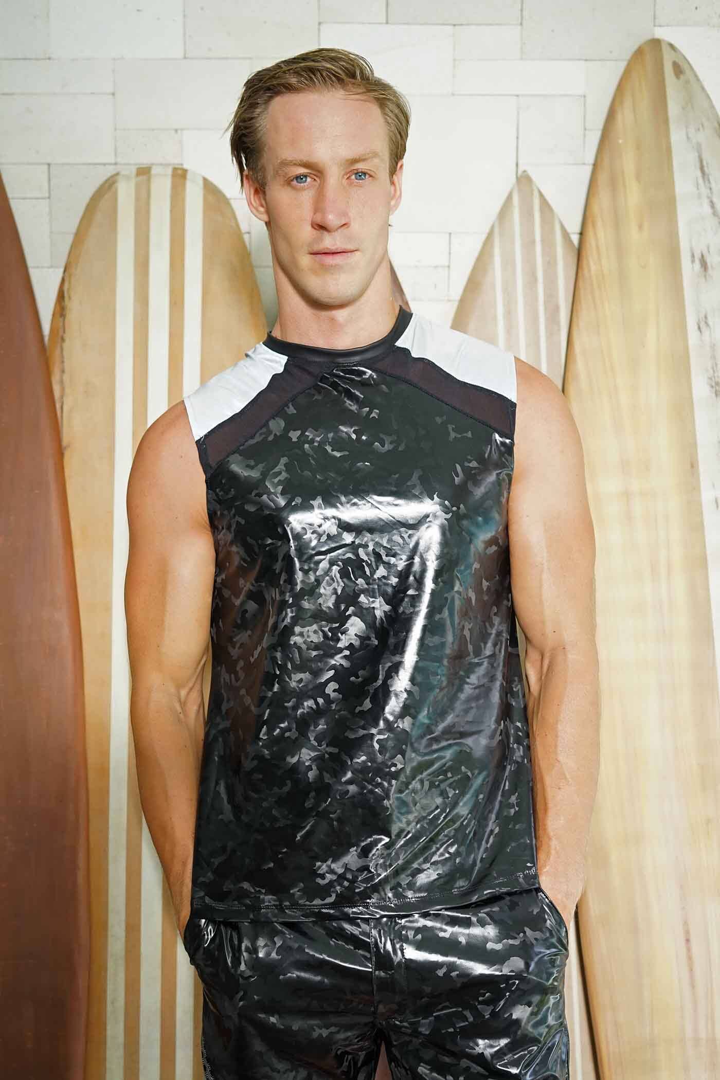 Holographic Black Camo print Muscle tee for men from Love khaos festival clothing brand