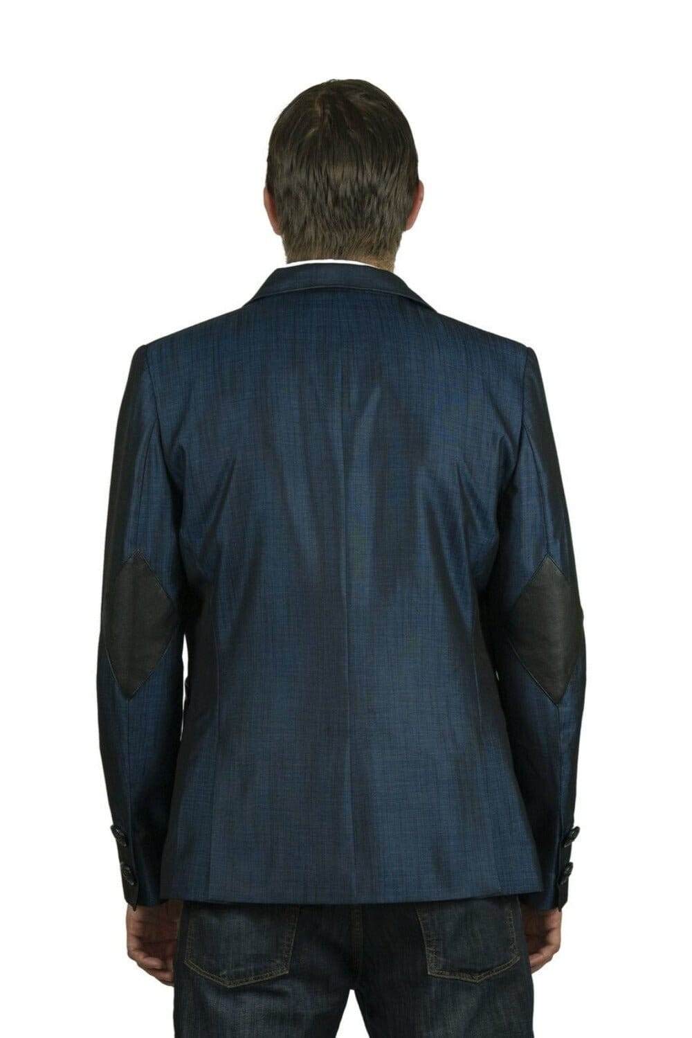mens alternative style blue blazer with elbow pads and skull buttons