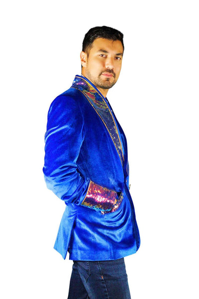 Mens blue velvet smoking jacket with iridescent gold sequins by Love Khaos Festival Jacket Brand