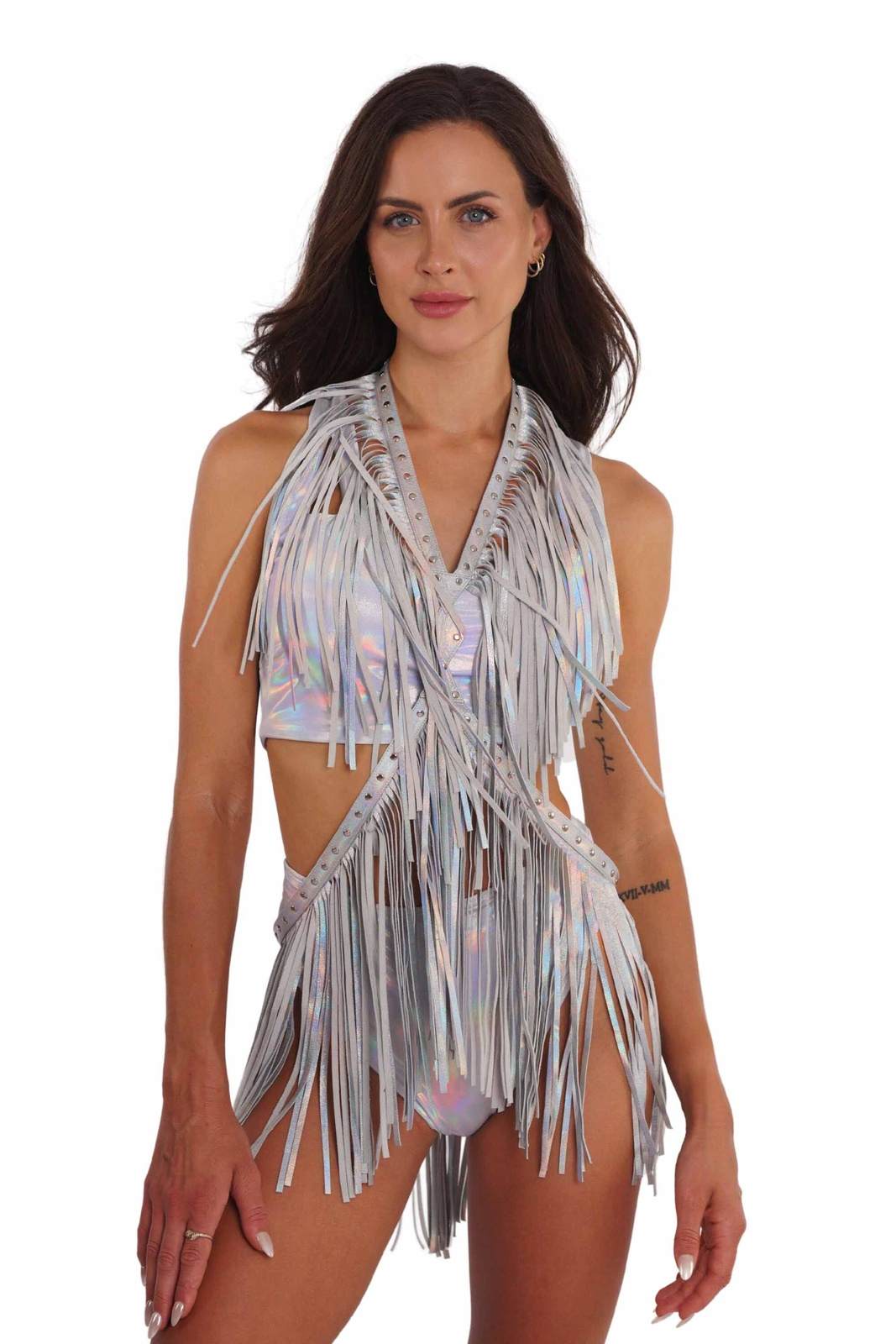 Holographic Fringe Dress Festival Harness from Love Khaos Rave Wear brand