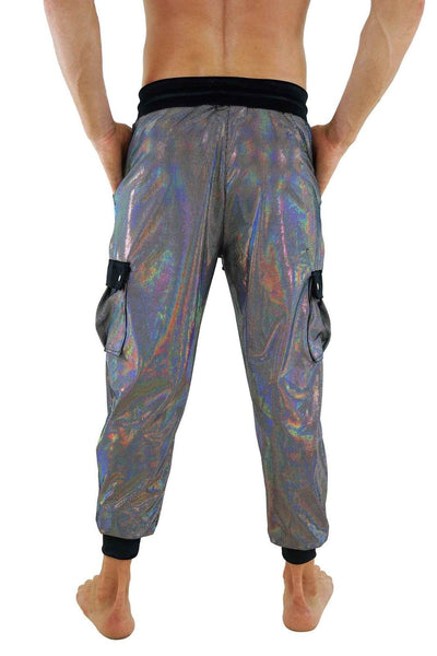 holographic velvet skinny cargo joggers for men from Love Khaos festival wear brand.