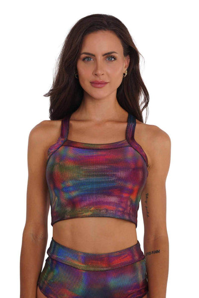 Rainbow holographic square neck crop top from Love Khaos