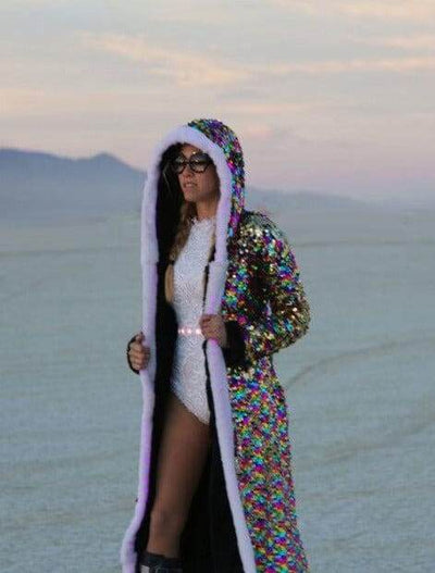 Floor length LED lights jacket with sequins for burning man outfits by Love Khaos Festival Clothing