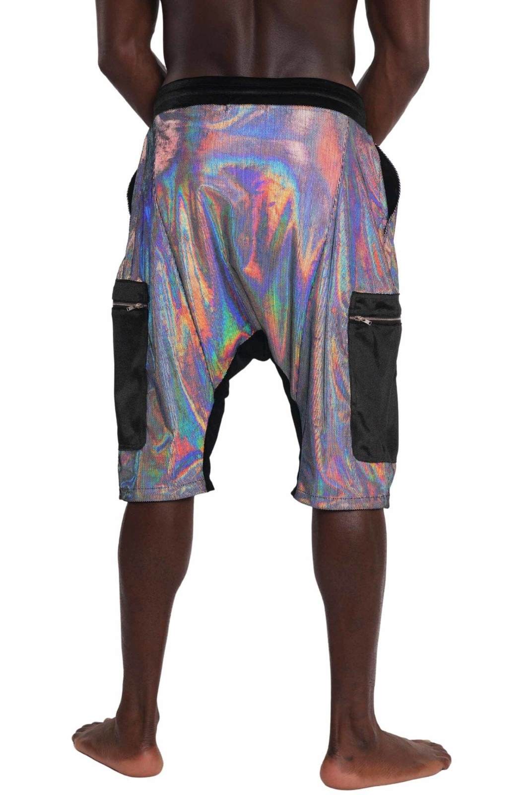 Mens Holographic Silver Harem Shorts with cargo pockets from Love Khaos
