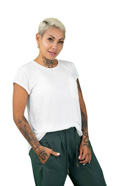 Womens Eco friendly white t shirt for sleep or streetwear by Ekoluxe Ethical Luxury Fashion Brand