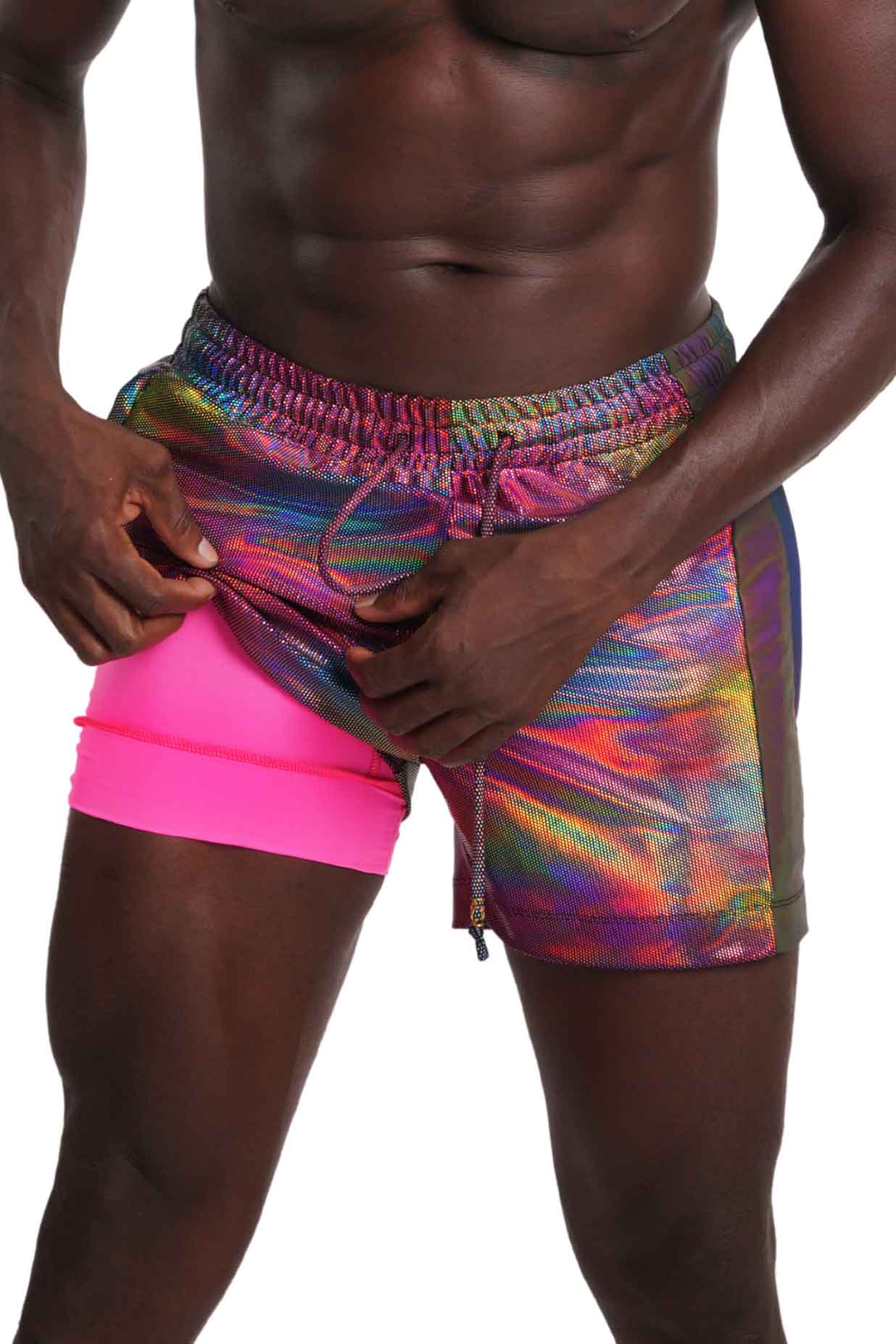 Mens Drawstring Shorts with Liner in rainbow Techno Color holographic spandex from Love Khaos