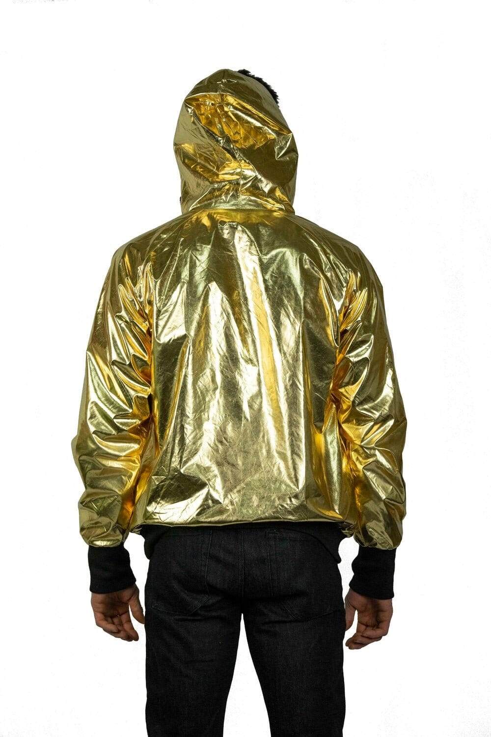 mens metallic gold windbreaker raincoat hoodie for festivals by Love Khaos