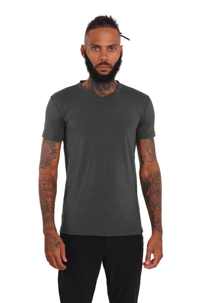 V neck mens slim fit t shirt in steey grey from Ekoluxe.