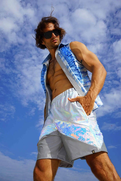 Reflective Mens Sequin Shorts with holographic panels from Love Khaos rave Clothing Website