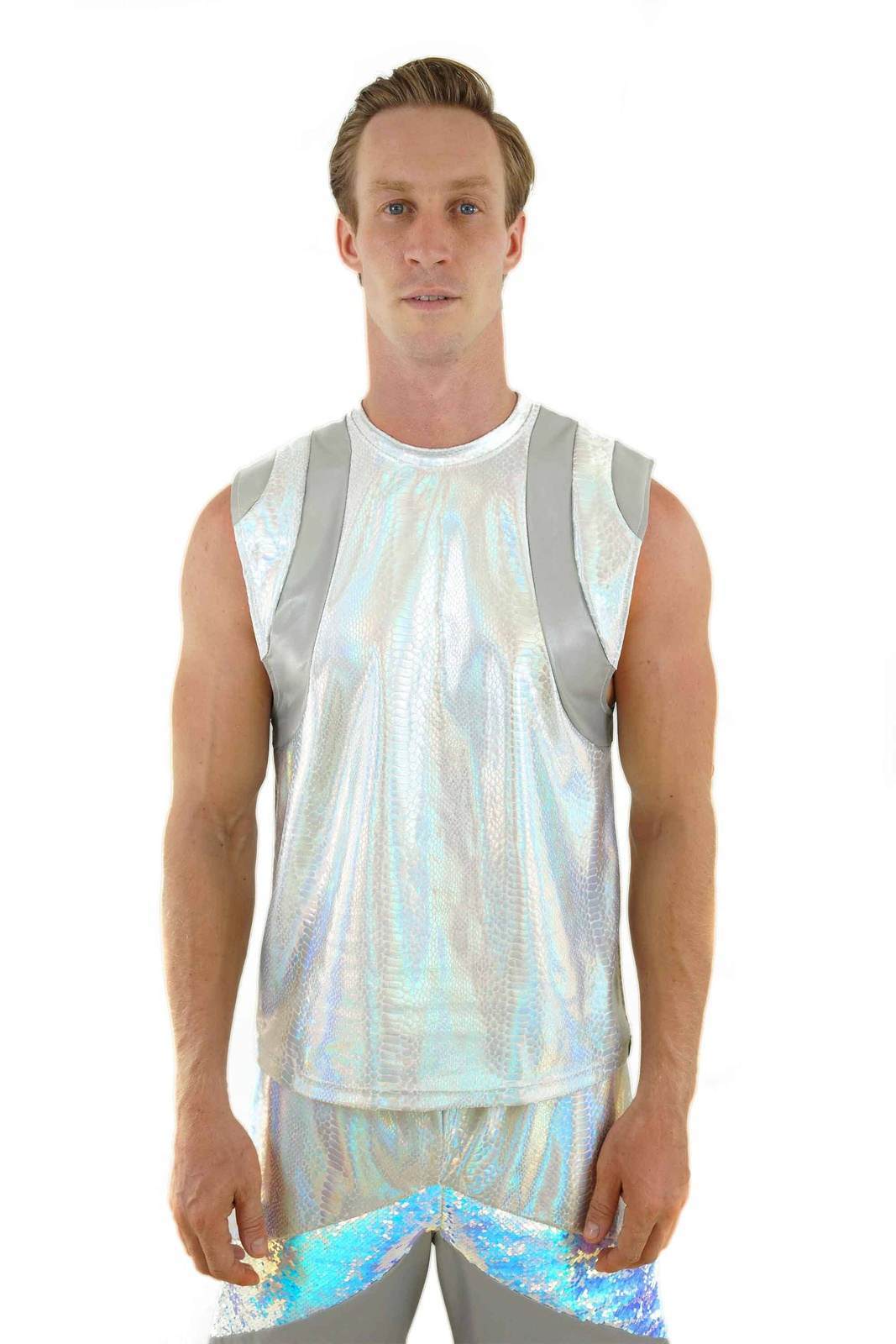 Mens Festival tank top in holographic white snake skin fabric from Love Khaos