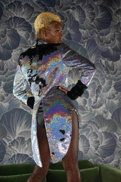 Silver Sequin Jacket Womens Tailcoat from Love Khaos Festival Clothing Brand