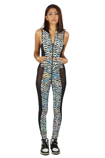 Zip front Holographic zebra catsuit from Love Khaos